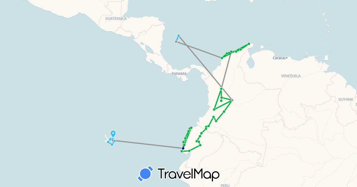 TravelMap itinerary: driving, bus, plane, boat in Colombia, Ecuador (South America)