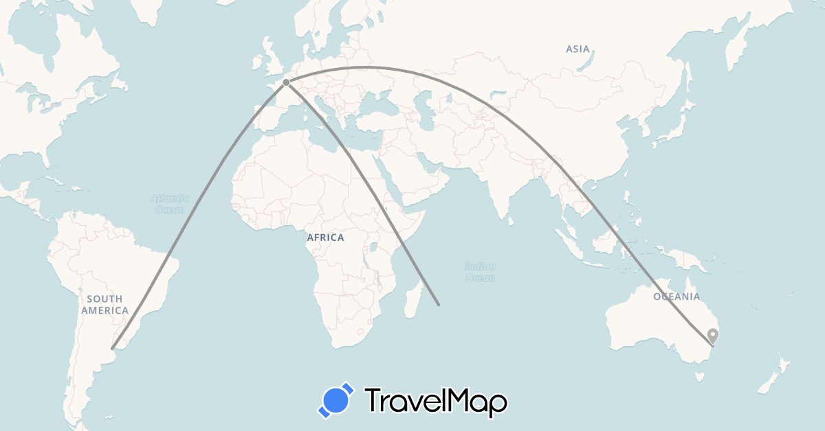 TravelMap itinerary: driving, plane in Argentina, Australia, France, Réunion (Africa, Europe, Oceania, South America)